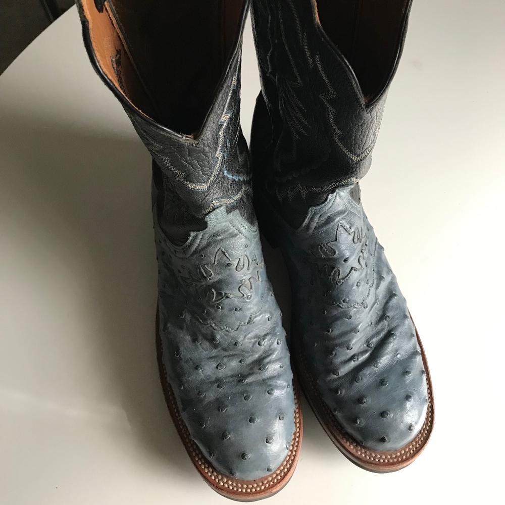 Lucchesse Blue Black Ostrich Cowgirl Boots